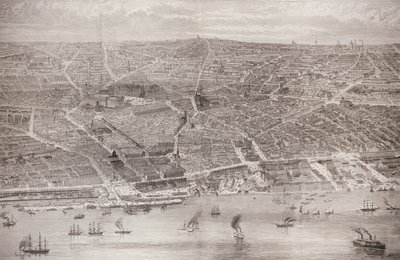 Vue aérienne de Liverpool depuis la Mersey avec tous les nouveaux bâtiments, tirée de 